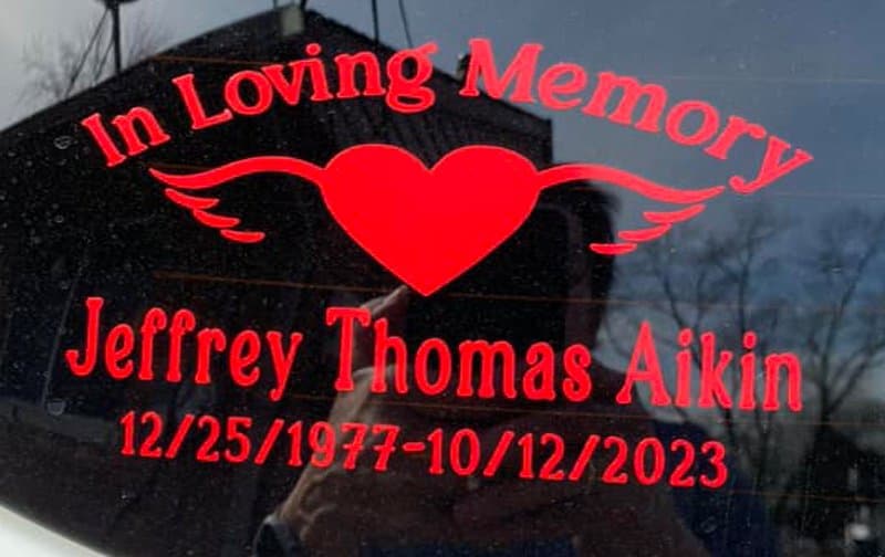 Real customer's red memorial decal — Jeffrey Thomas Aikin
