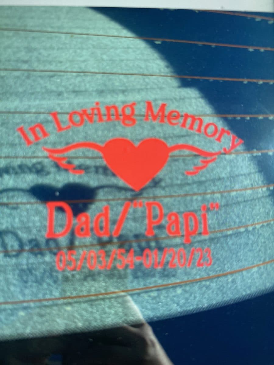 Customer's installed memorial decal in red — In Loving Memory · Dad / Papi
